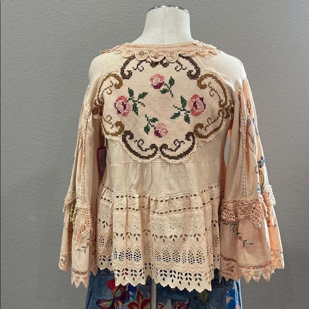 Upcycled tan boho peplum top peplum made from vintage linens & lace, size M - Picture 3 of 9